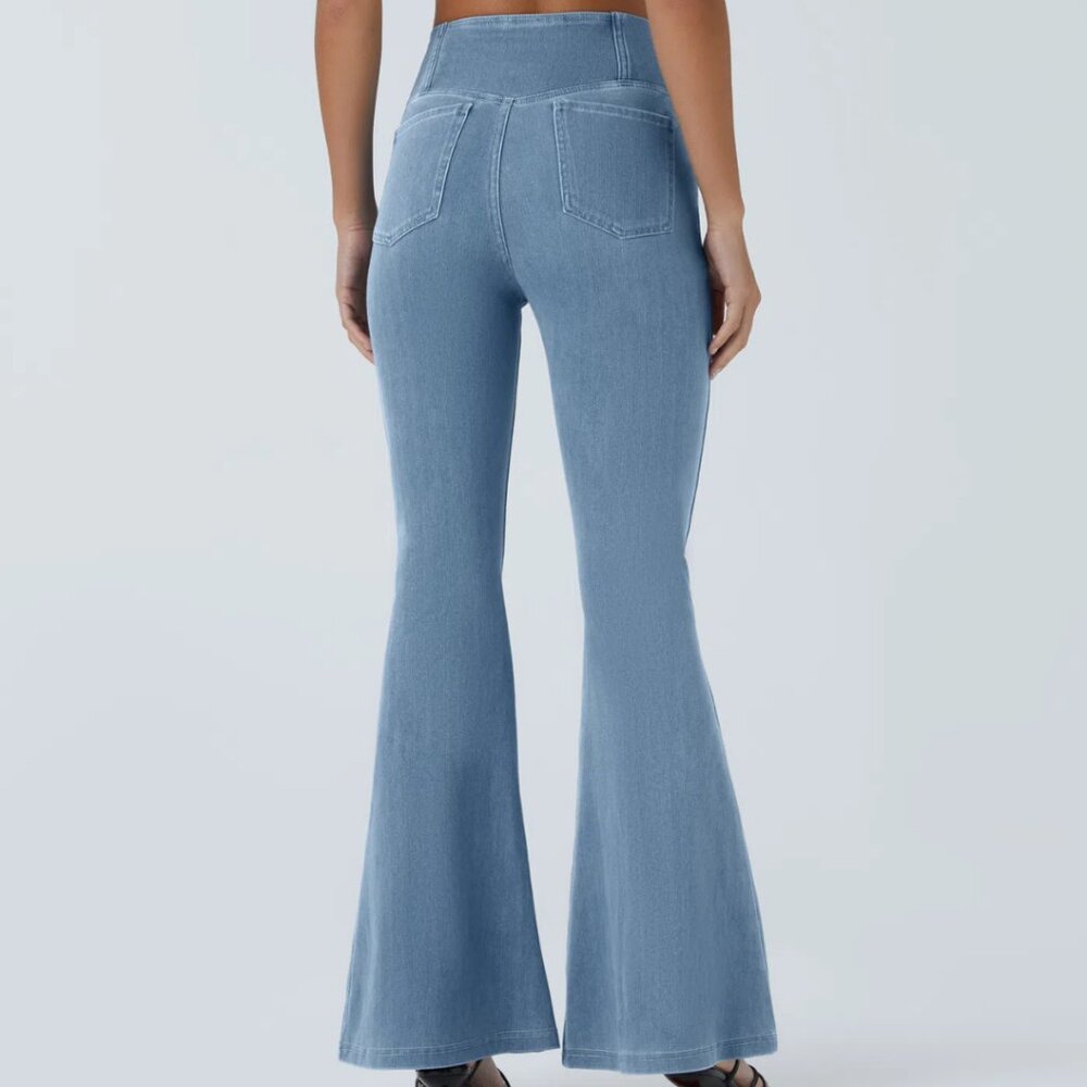 HALARA Magic Denim High Waist Crossover Flare Jeans Light Wash XL NWOT - Picture 4 of 13